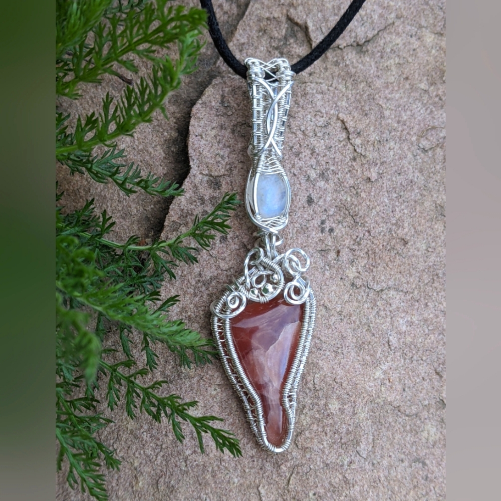Sterling Silver Moonstone And Strawberry Rhodochrosite Pendant Necklace Handmade - Picture 11 of 17